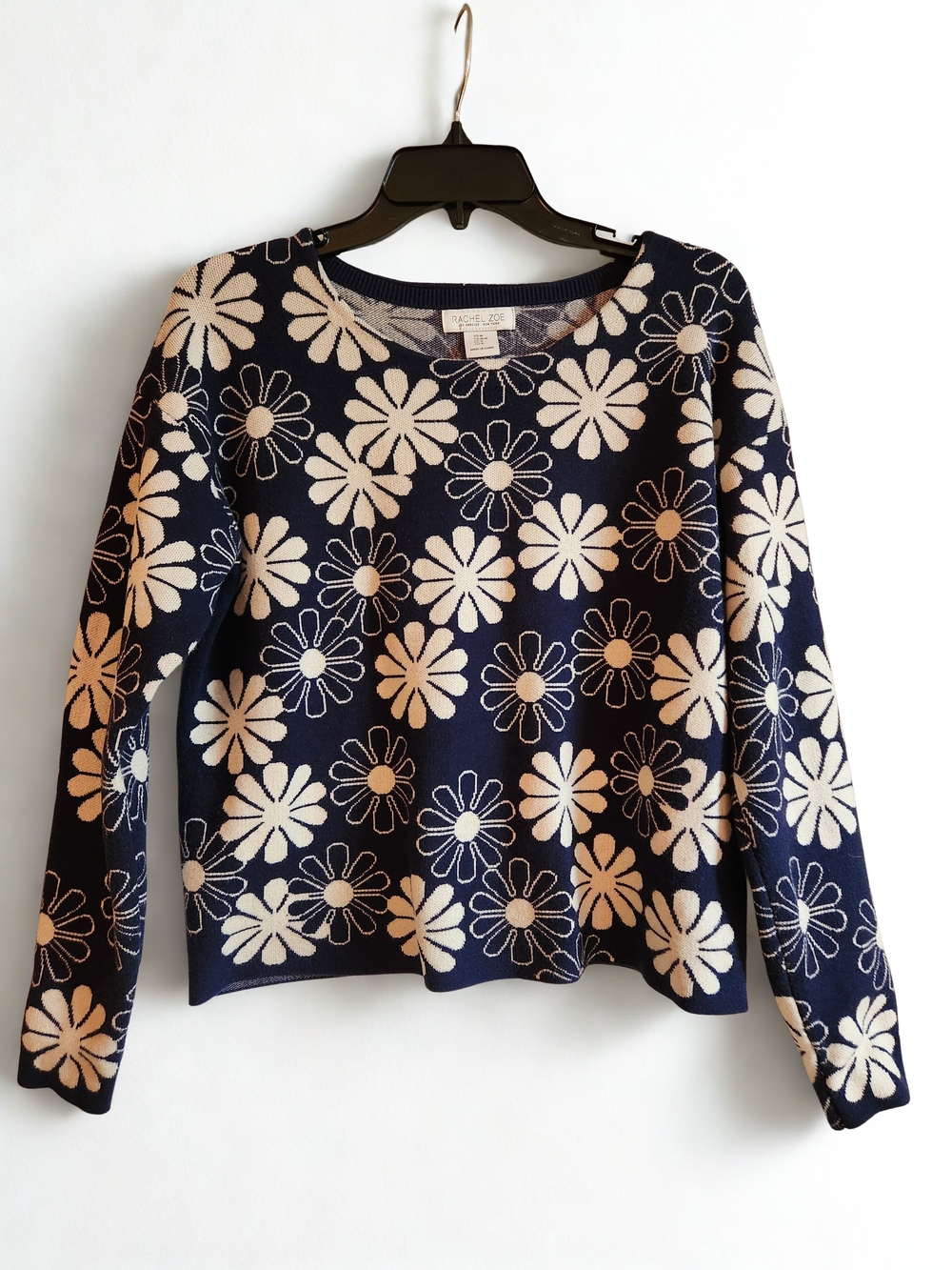 Rachel Zoe Navy and White Daisy Long Sleeve Crewneck Sweater SZM
